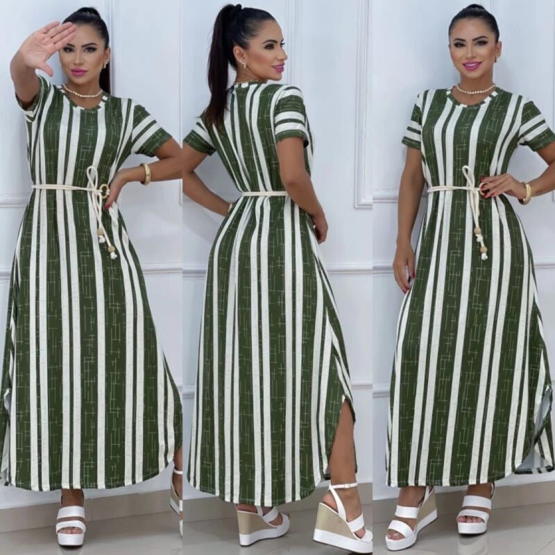 Vestido Longo De Manga Curta Com Fendas Nas Laterais Malha Romantic Fresquinha Veste 38-50