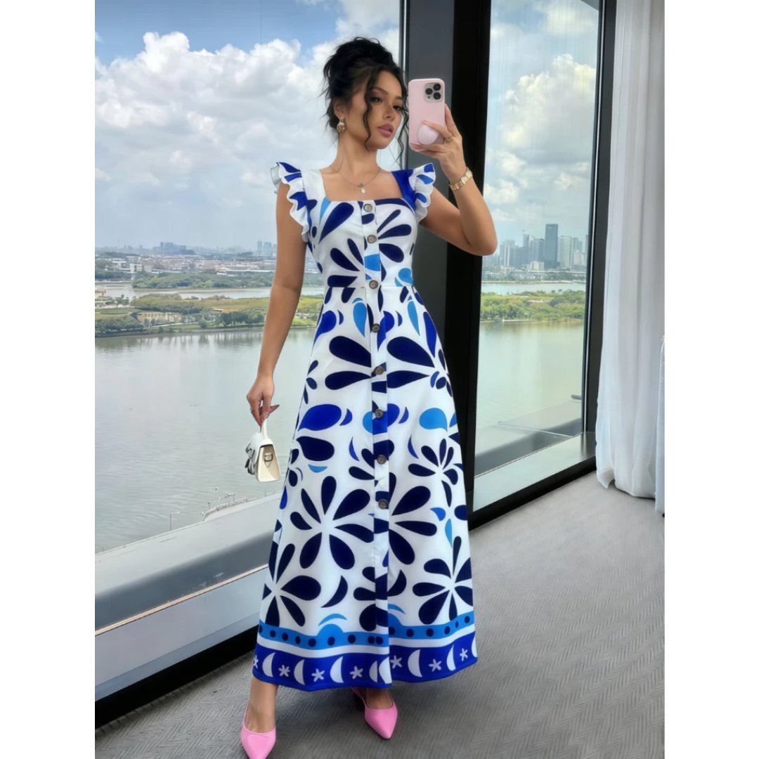 Vestido Longo Estampado Elegante de Estilo Boho para Férias de Verão Mangas Curta Cintura com Pregas para Mulheres