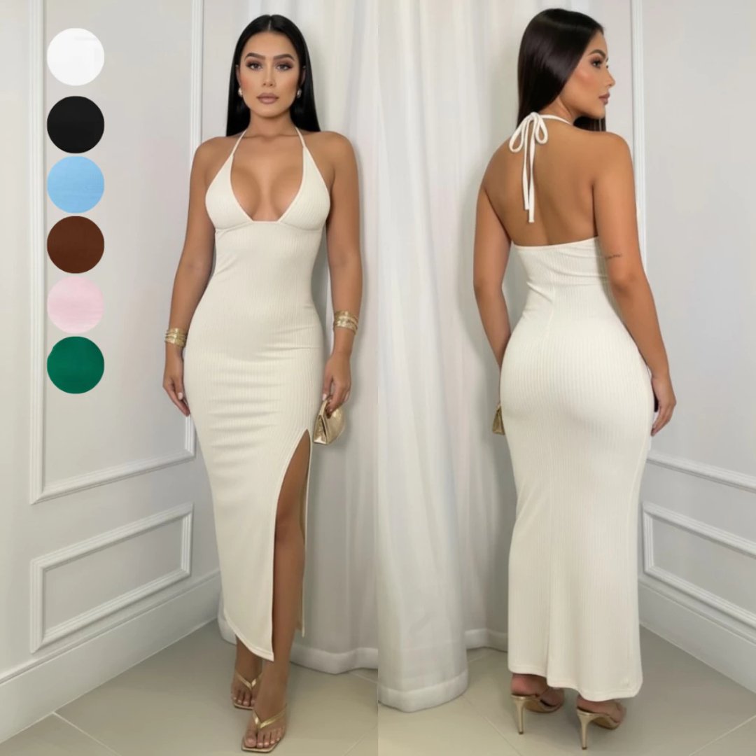 Vestido Verona Feminino Longo Com Decote Fenda Lateral Amarração Nas Costas Verão Tendência Canelado