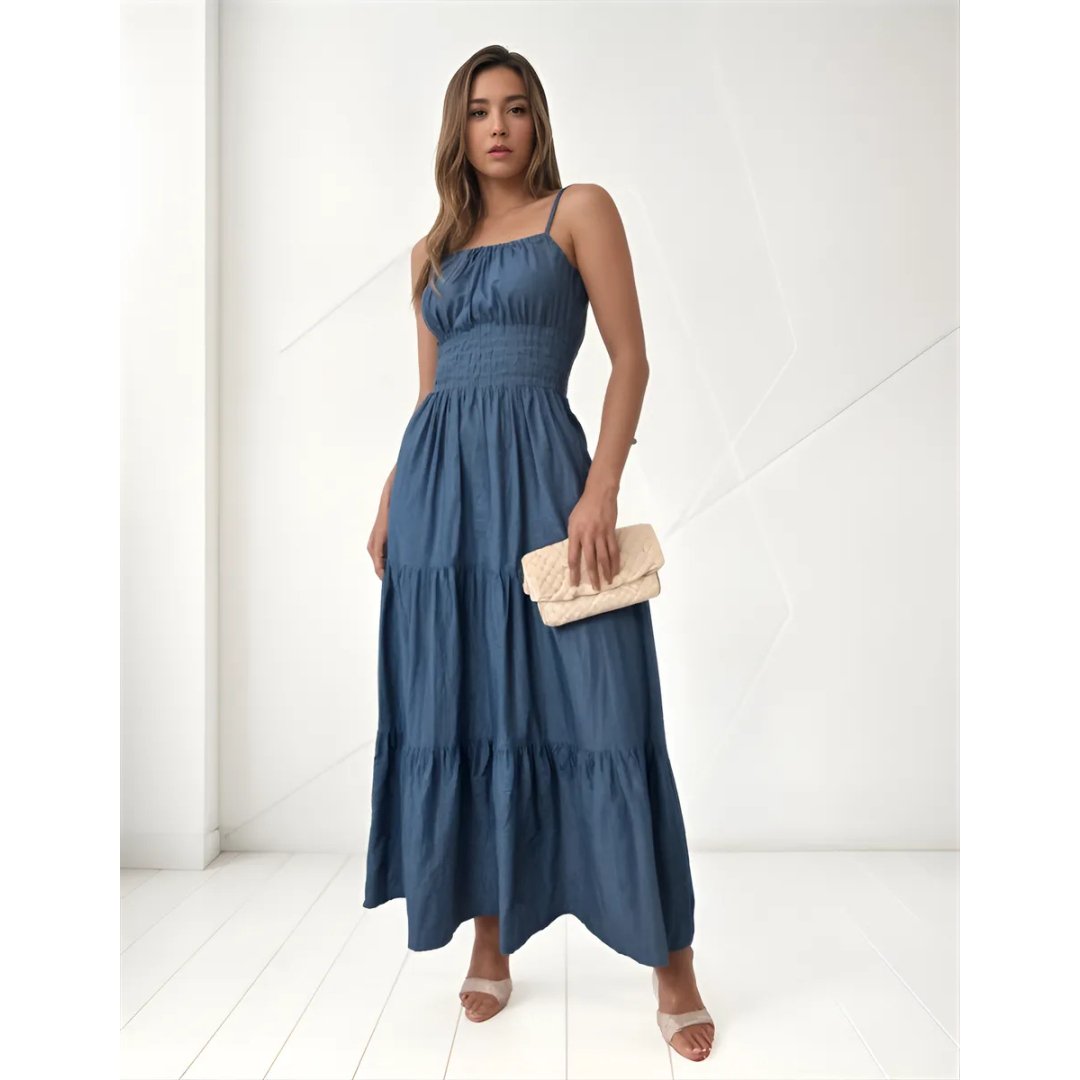 Vestido Jeans Longo Rodado De Alça C Elastico Fenda Lateral