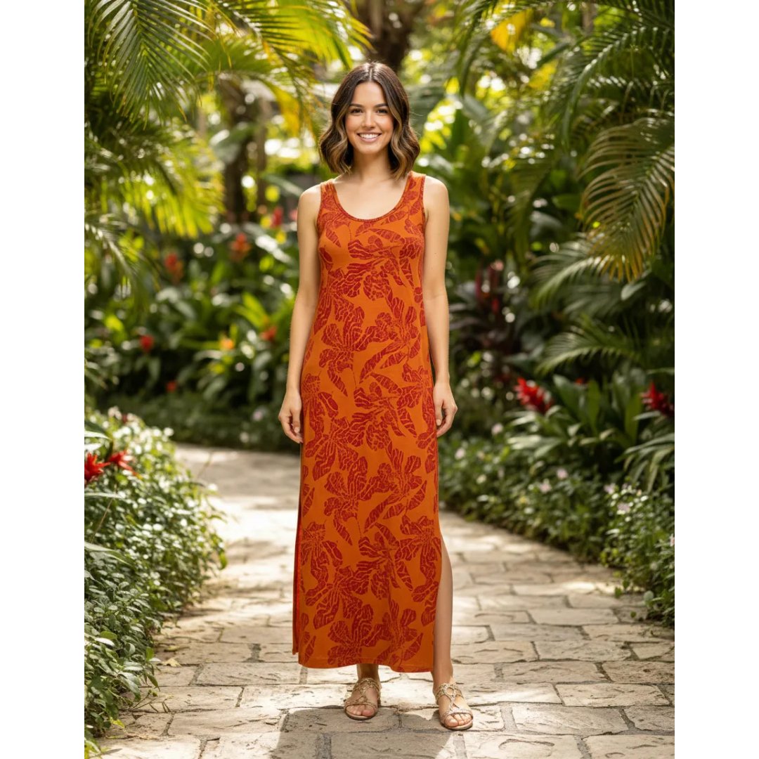 Vestido Longo Com Fenda Lateral Regata Estampado Moda Verão