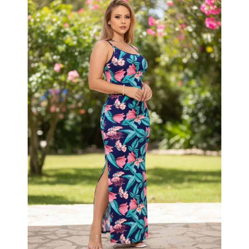 Vestido Longo Alcinha Estampado Floral Fenda Moda Casual
