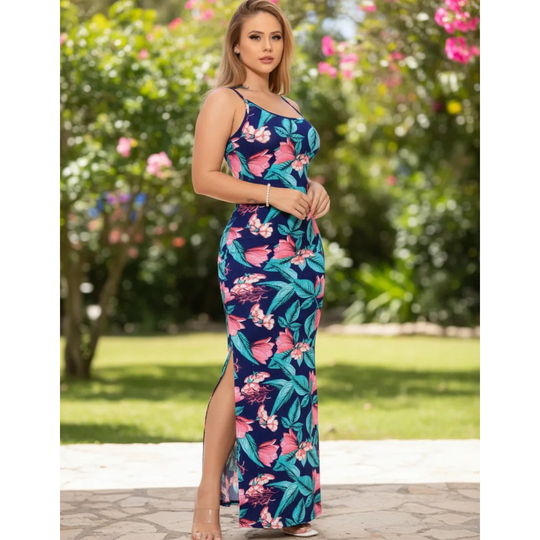 Vestido Longo Alcinha Estampado Floral Fenda Moda Casual