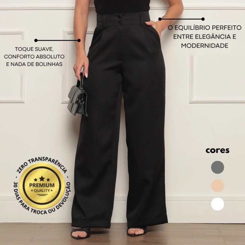Calça Alfaiataria Feminina Wide Leg Social Cintura Alta