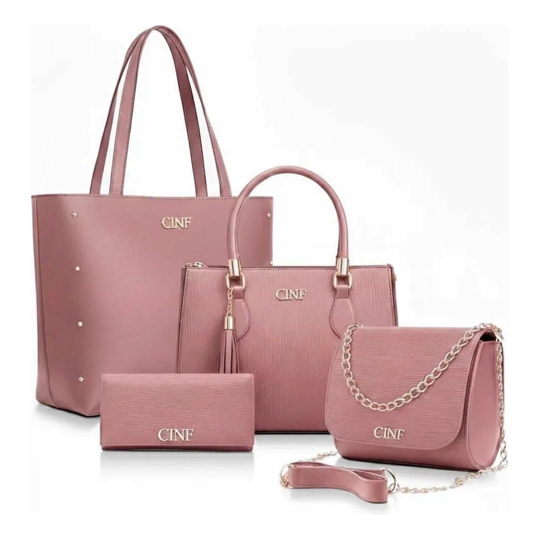 Kit Bolsas Feminina Sacola Transversal Tira Colo Carteira Cor Rose