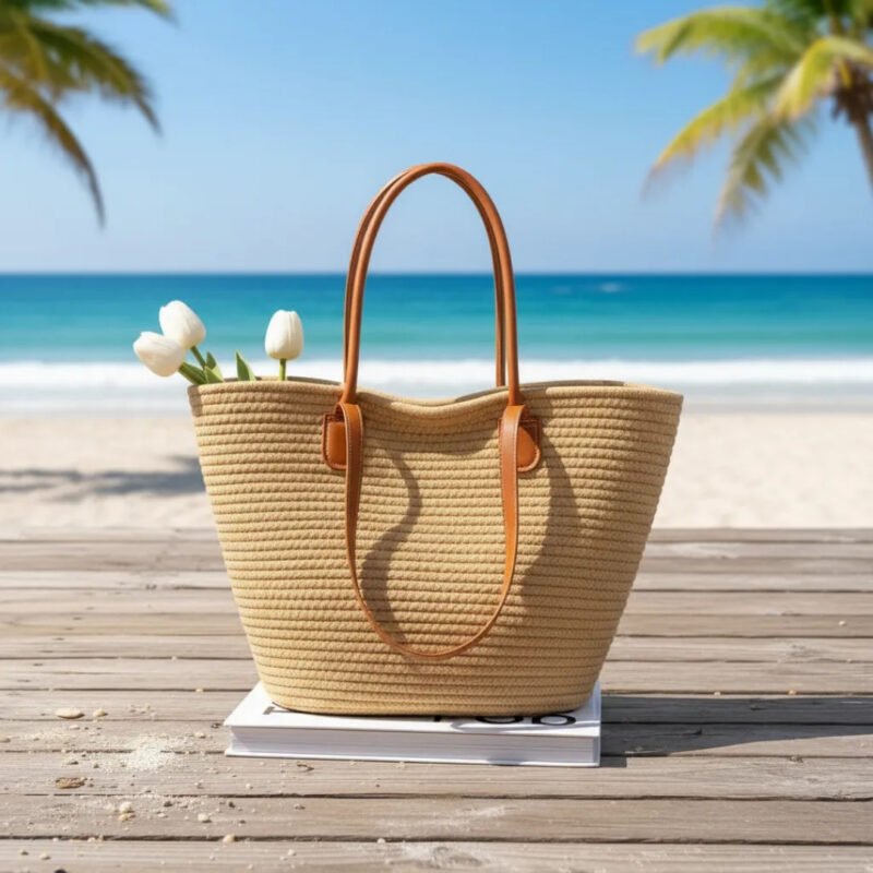 Bolsa Feminina De Palha Espaçosa Praia Piscina Com Zíper Bege Tecelagem Imitação De Couro Chocolate