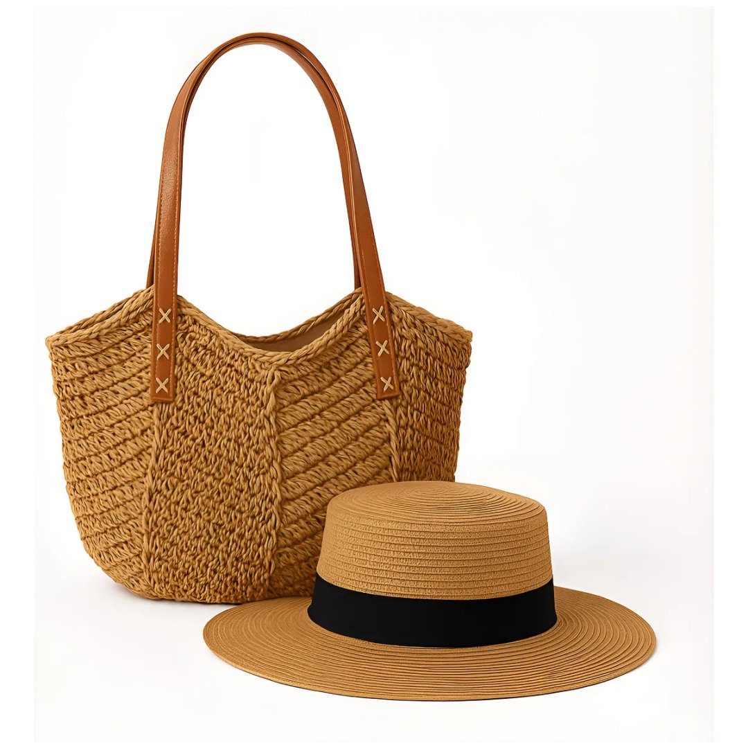 Kit Bolsa de Palha Grande Moda Praia Marrom Claro + Chapéu Paris