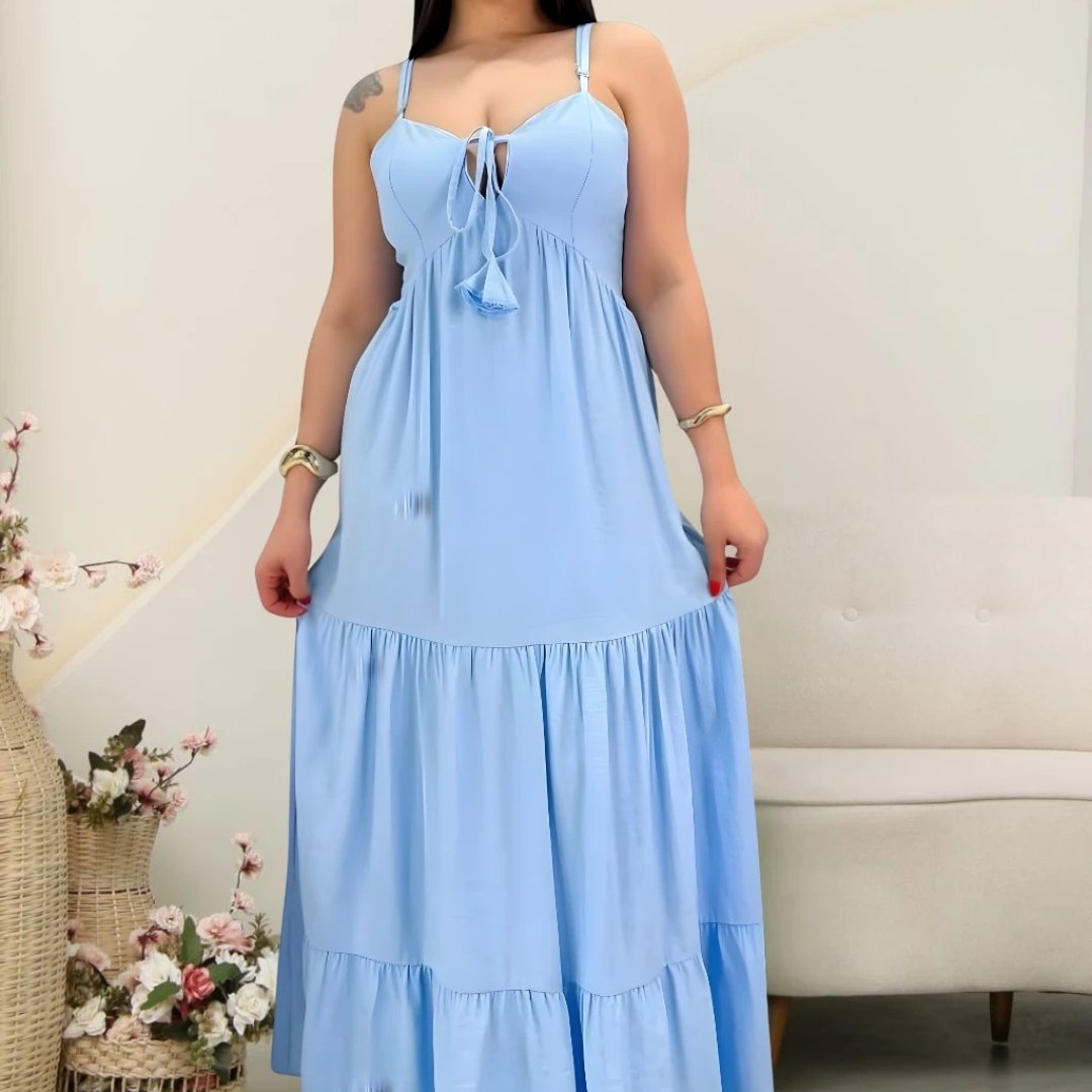 Vestido Longo Feminino com Lastex nas Costas, Detalhe no Busto – Moda 2026