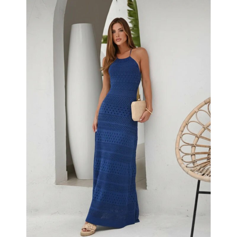 Vestido Trico Verão Elegante Costa Nua Crochê Luxo Blogueira