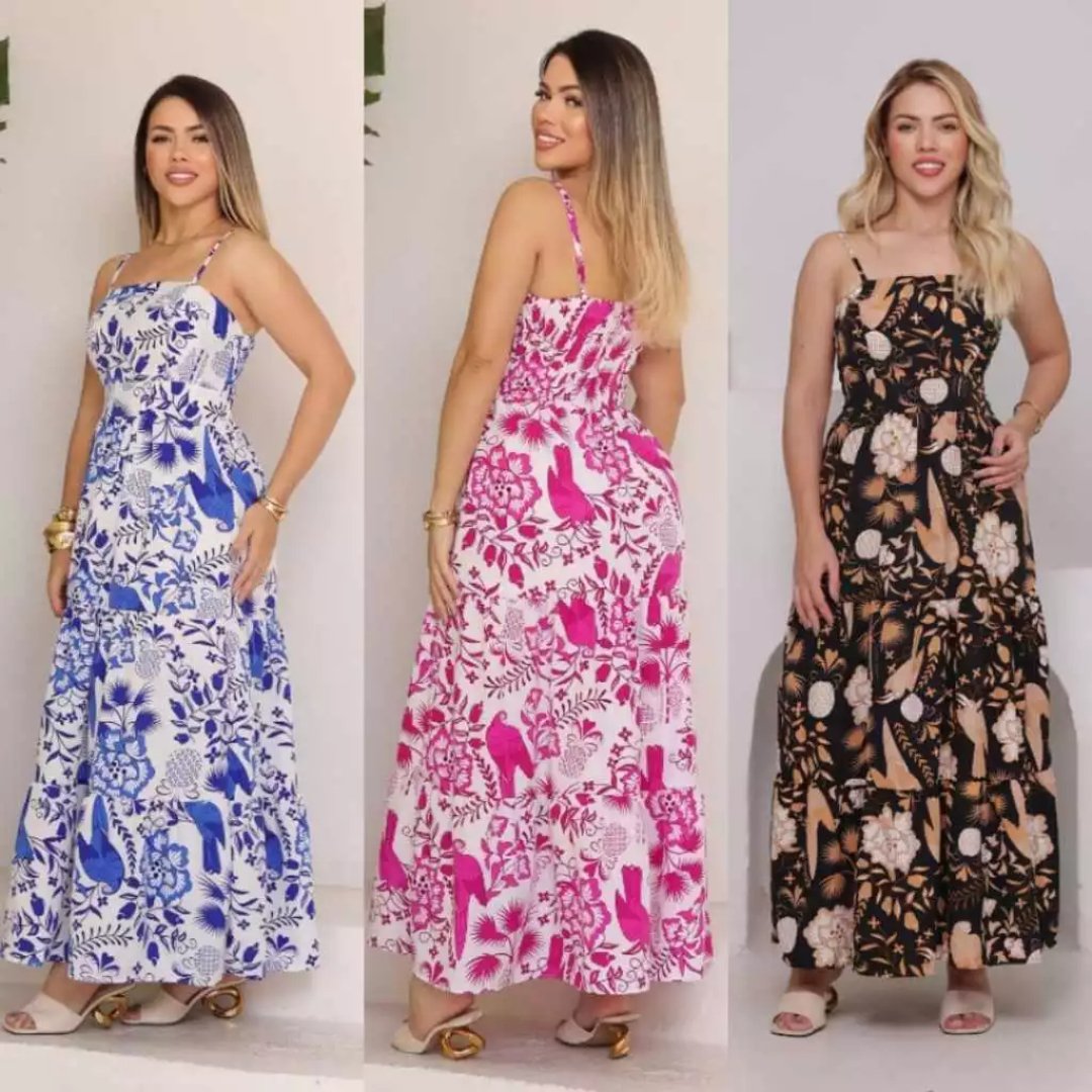 Vestido Longo Feminino Estampado Com Bolho Alça Regulável Com LASTEX nas Costas