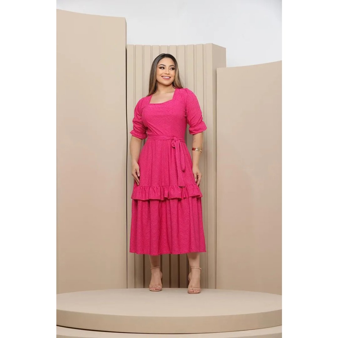 Vestido Midi Godê Modesto De Laise Com Babado Duplo