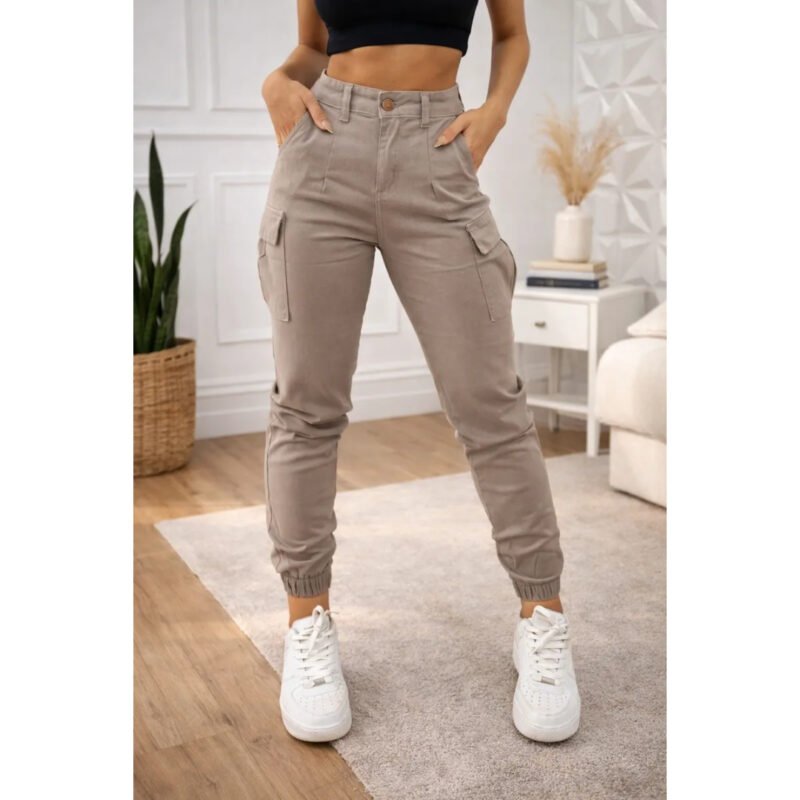 Calça Cargo Jogger Jeans Feminina Cintura Alta Com Lycra