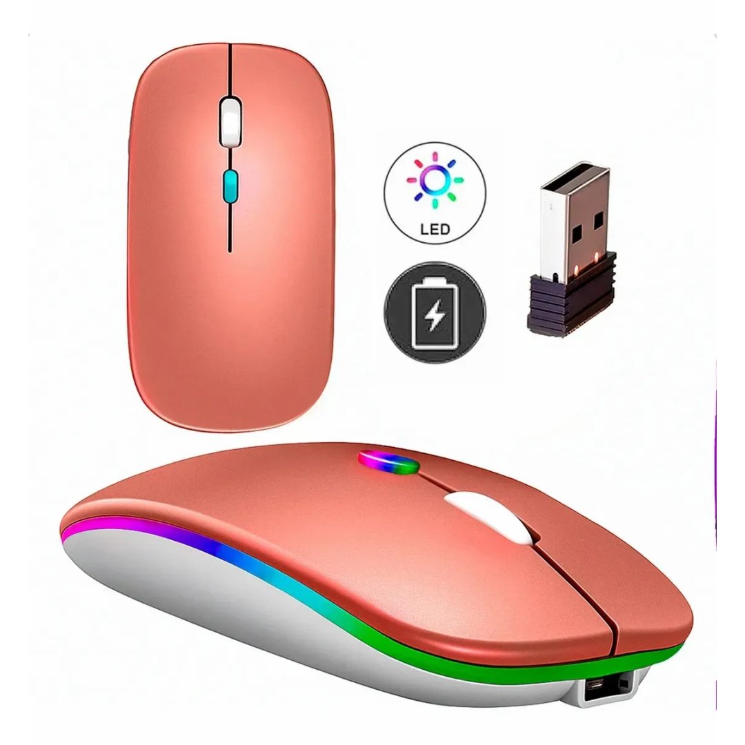 Mouse Sem Fio Recarregável Wireless Optico Led Rgb Ergonômico Sem Fio Para Pc Desktop Notebook Tablet Smartphone Homeroarte Rosa Gold