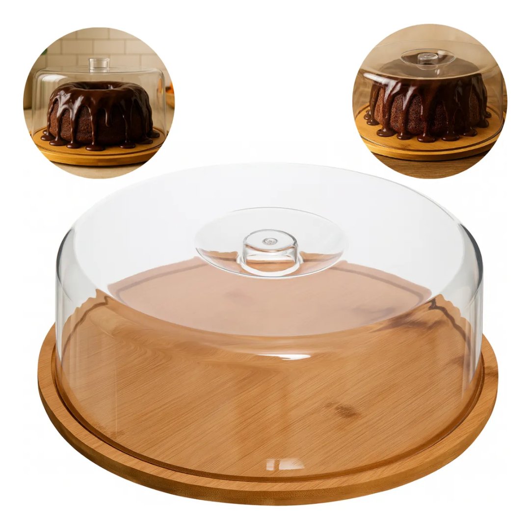Boleira Porta Bolo Bambu Com Tampa Cúpula Em Acrílico 28cm