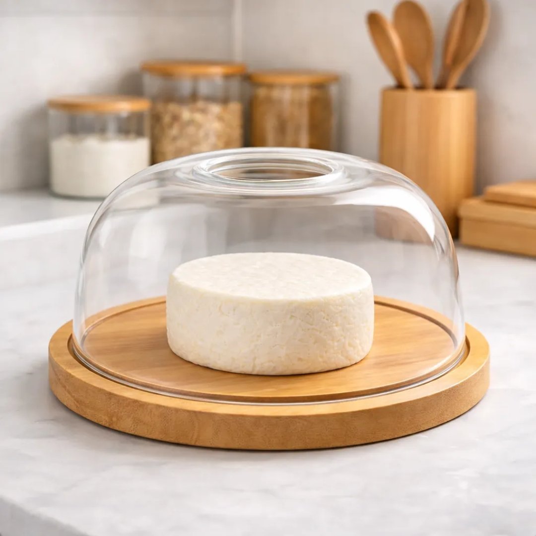 Porta Queijo Queijeira Bambu Com Tampa Em Acrílico 19cm