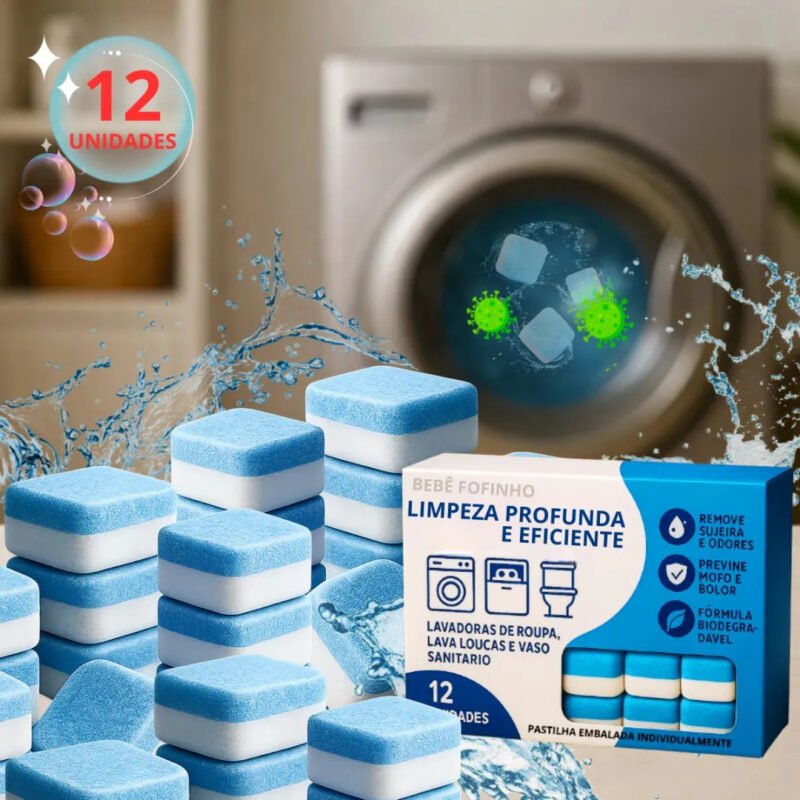 12 Tabletes Pastilhas Higienizar Limpar Máquina Lavar Roupa Lava Louças Limpeza Tambor Universal Kit Higienização Manutenção Anti Mofo Anti Odor Efervescente