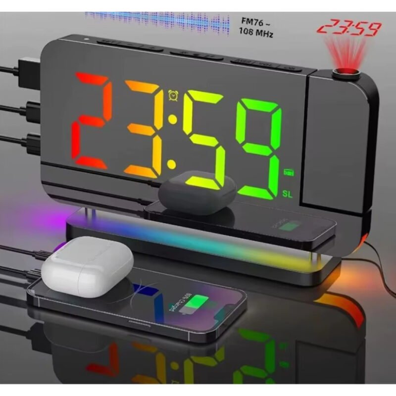 Rádio FM 180 ° Despertador de projeção RGB com luz noturna RGB 6 níveis de brilho Porta de saída USB dupla 12H / 24H Relógio LED digital