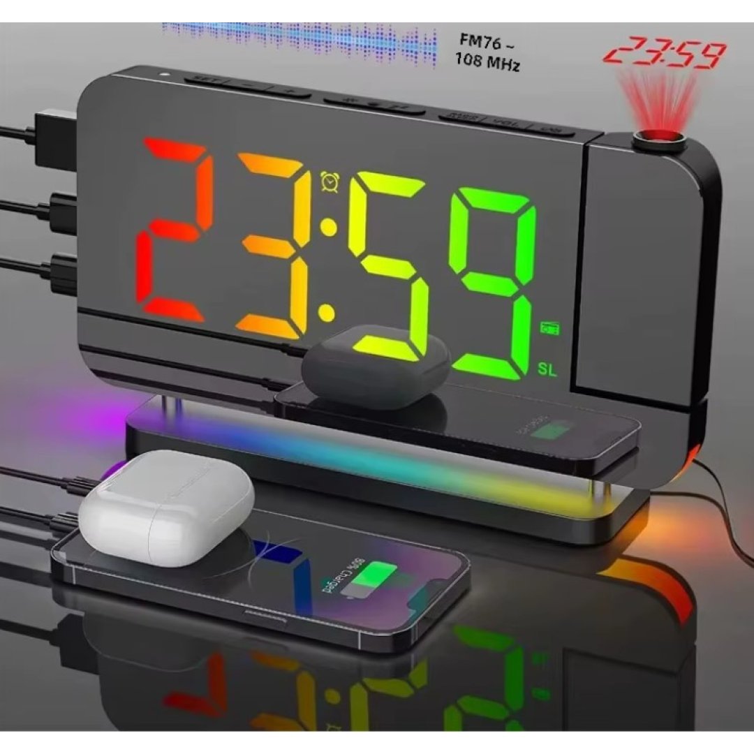 Rádio FM 180 ° Despertador de projeção RGB com luz noturna RGB 6 níveis de brilho Porta de saída USB dupla 12H / 24H Relógio LED digital