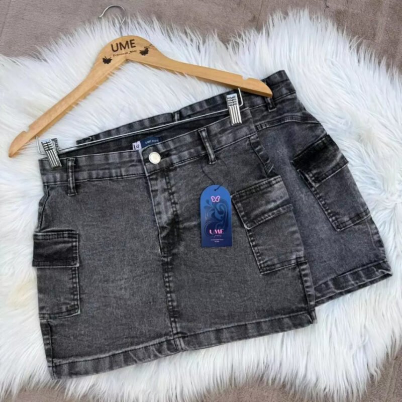 Saia Cargo Marmorizada Preta Manchada Saia Curta Grafite Vintage Bolsos Cintura Alta Levanta Bumbum