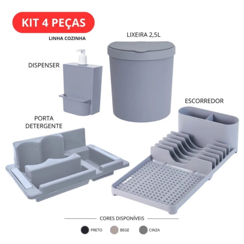 Kit Cozinha 4 Peças Organizador de Pia Completo com Lixeira Dispenser Escorredor e Porta Detergente