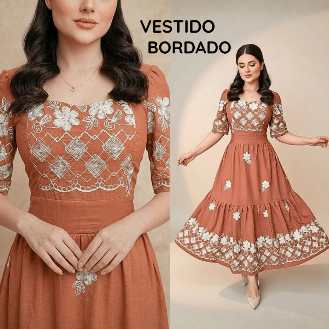Vestido Longo Bordado Luxo Moda Evangélica Elegante Manga Flare Babado Franzido