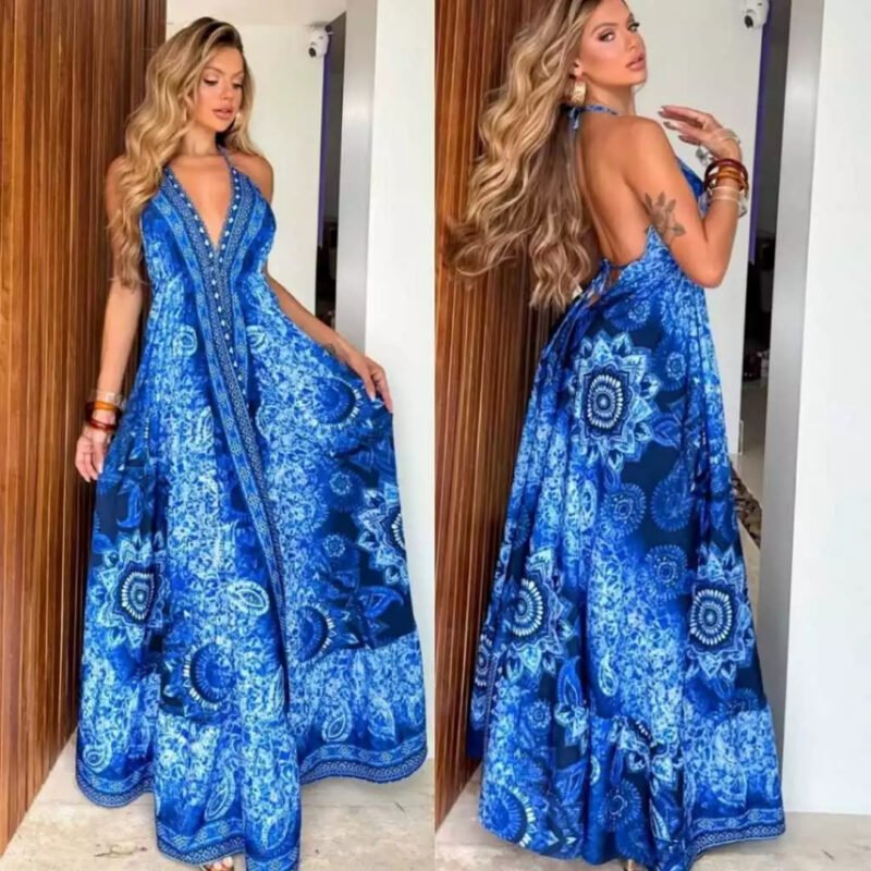Vestido Indiano longo ESTAMPADO LONGO FRENTE Única e costa Nua, ELEGANTE