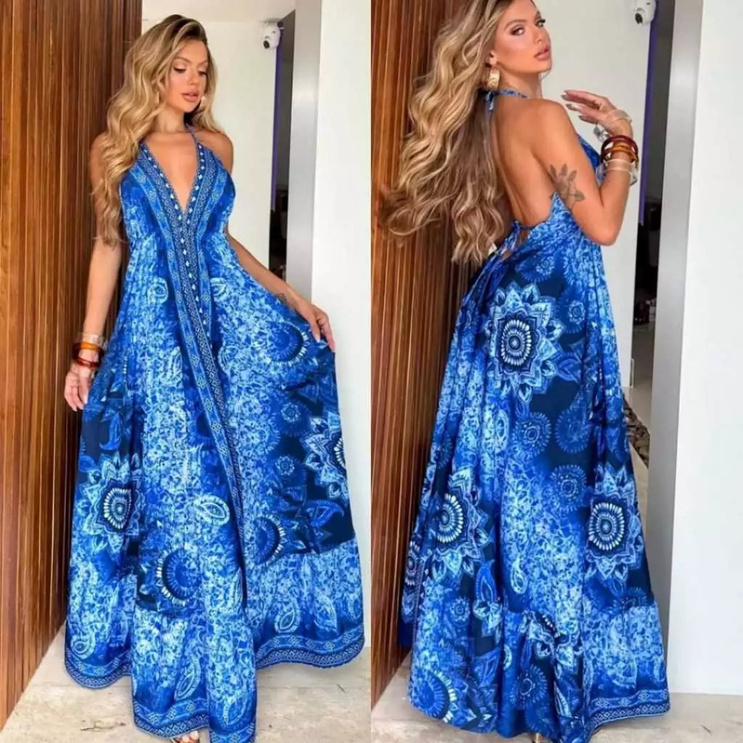 Vestido Indiano longo ESTAMPADO LONGO FRENTE Única e costa Nua, ELEGANTE