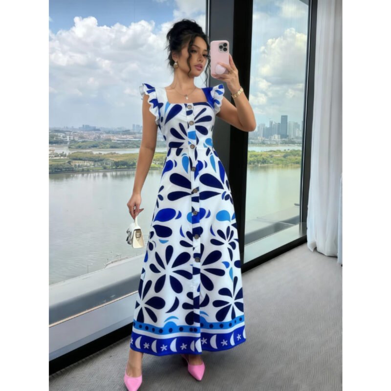 Vestido Longo Estampado Elegante de Estilo Boho para Férias de Verão Mangas Curta Cintura com Pregas para Mulheres
