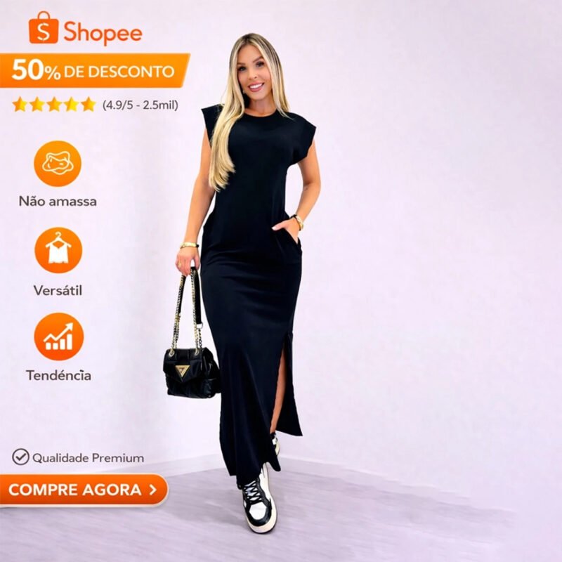 Vestido Longo Muscletee Feminino Casual Ombreira tubinho Moda plus size preto marrom