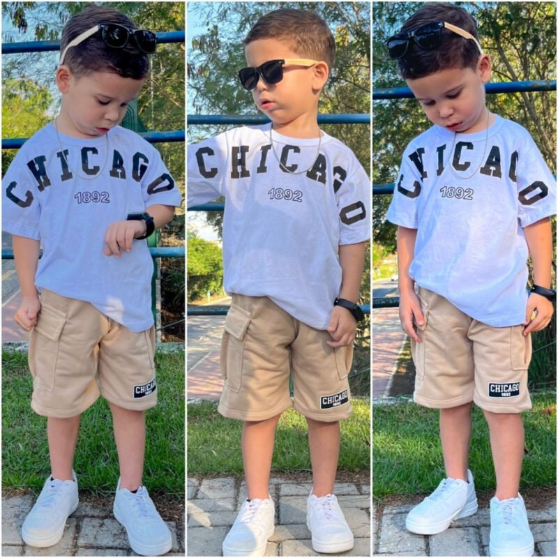 Conjunto de menino infantil bermuda e camisa de verão juvenil roupa de criança blusa short masculino