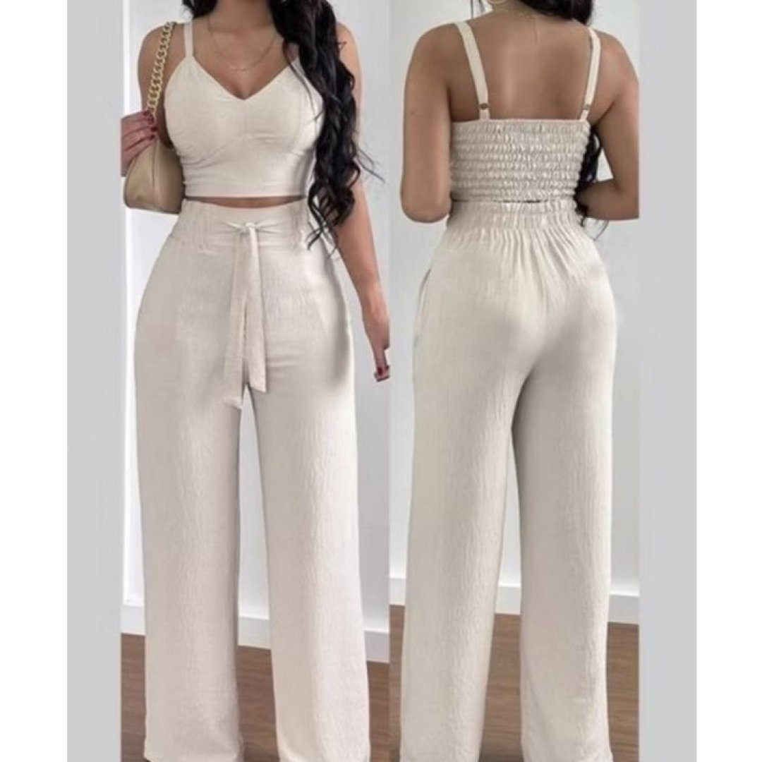 Conjunto Feminino Duna Areia Calça Pantalona e Cropped com Bojo Alça Regulável Alfaiataria