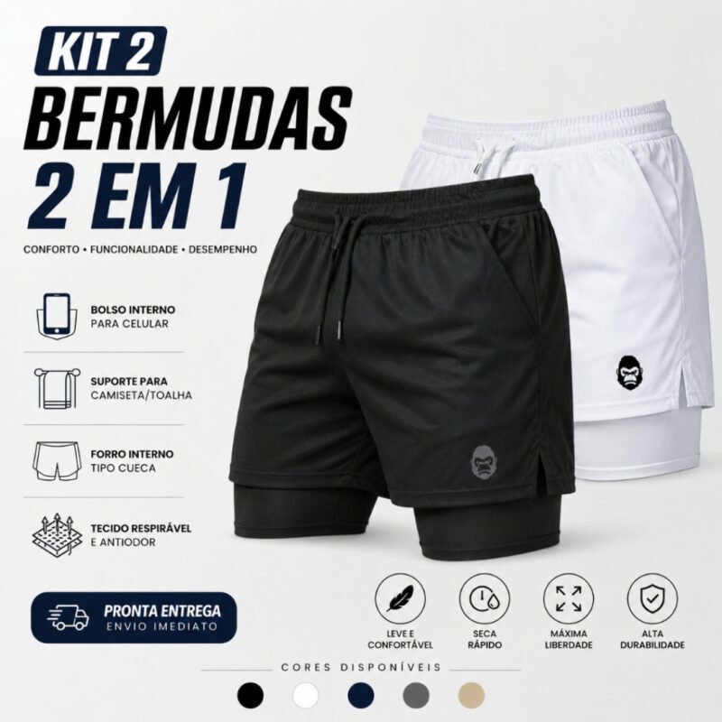 Kit 2 Shorts Masculino Kong 2 em 1 com Compressão, Bolso para Celular e Tecido Dry Fit