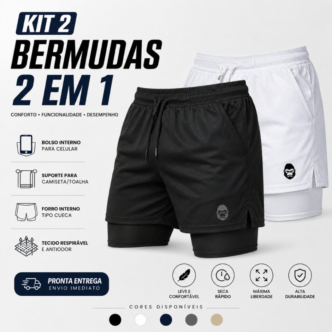 Kit 2 Shorts Masculino Kong 2 em 1 com Compressão, Bolso para Celular e Tecido Dry Fit