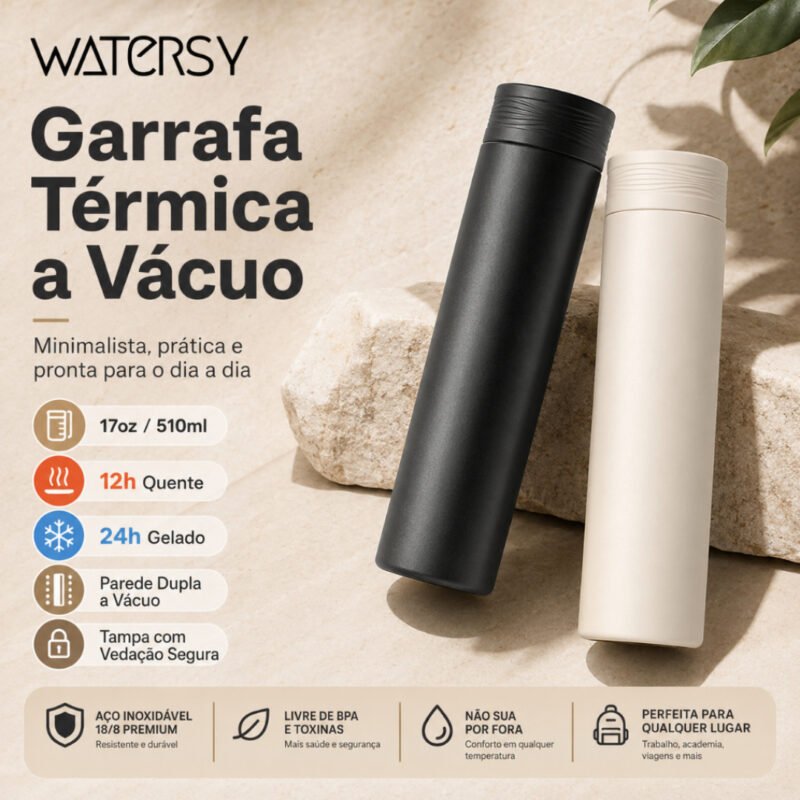 Watersy Garrafa Térmica 17oz/510ml a Vácuo Inox 18/8 Antivazamento Portátil para Café Chá Água