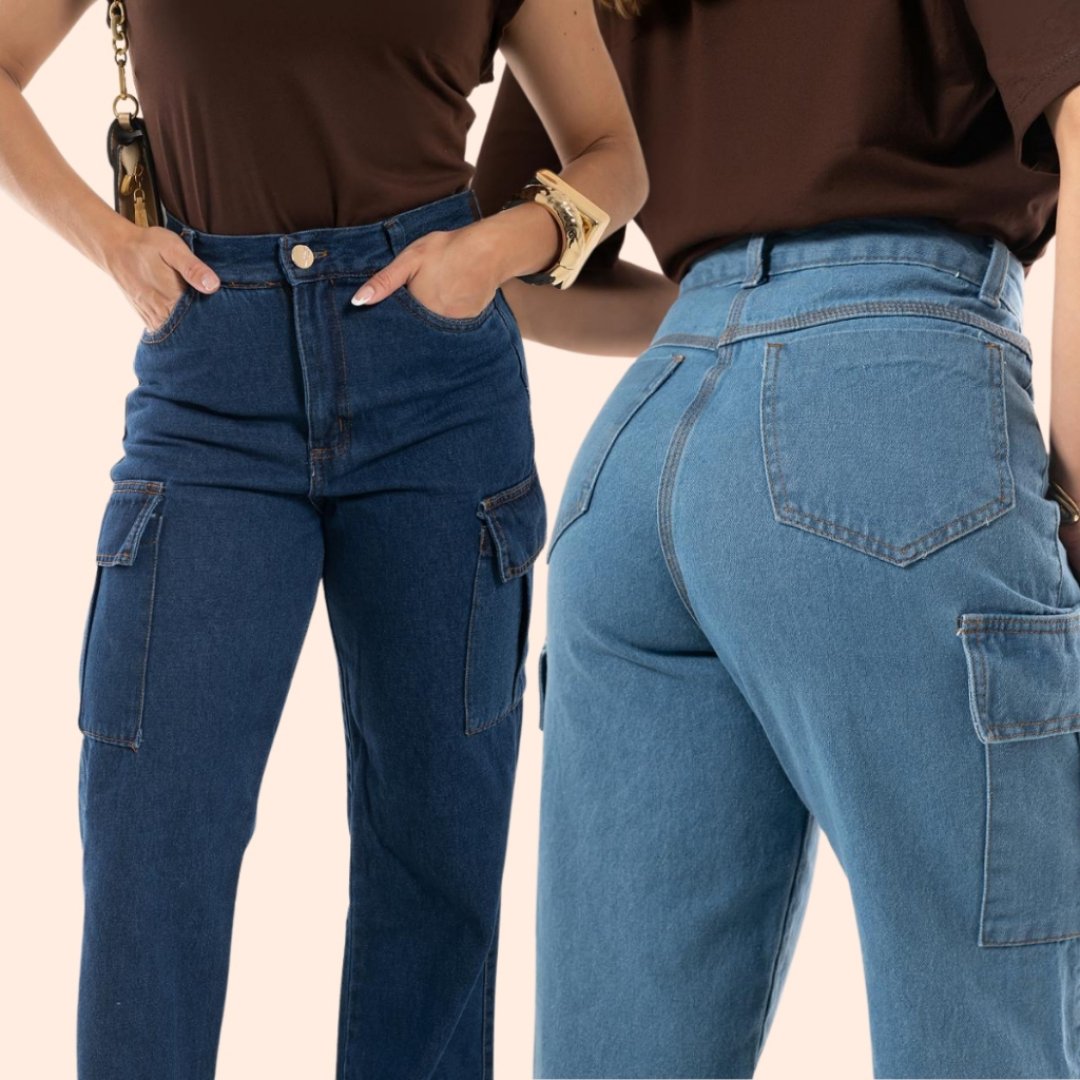 Kit 2 Calças Jeans Wide Leg Cargo Feminina Cintura Alta 36 Ao 46 Jeans Claro E Jeas Escuro Para Mulheres