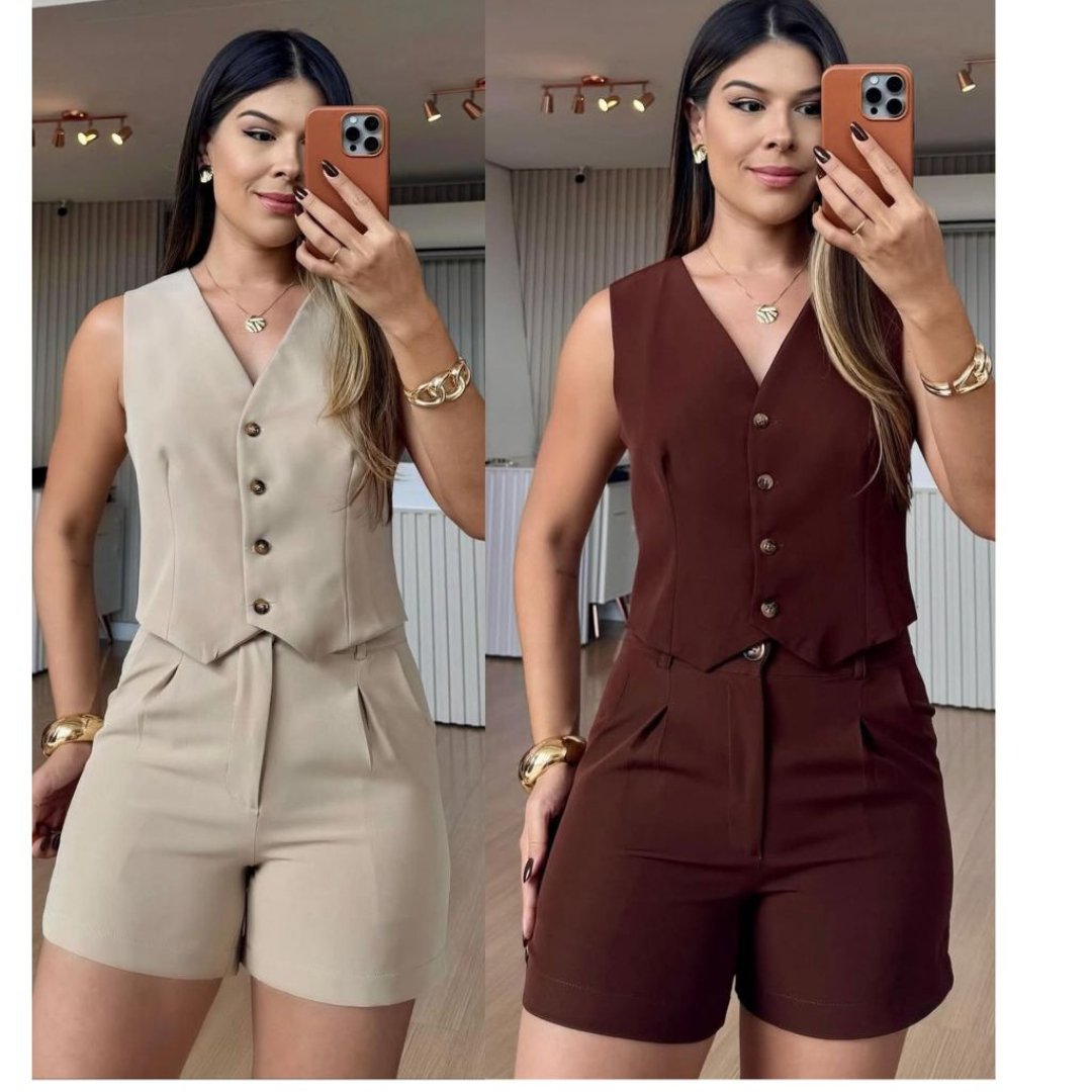 CONJUNTO FEMININO SHORT E COLETE SOCIAL EN ALFAIATARIA LOOK LEVE e ESTILOSO