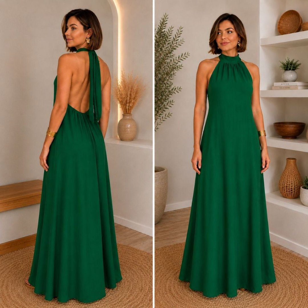 Vestido Longo Gola Alta Com Costa Nua Frente Única Formatura Festa Madrinha Civil