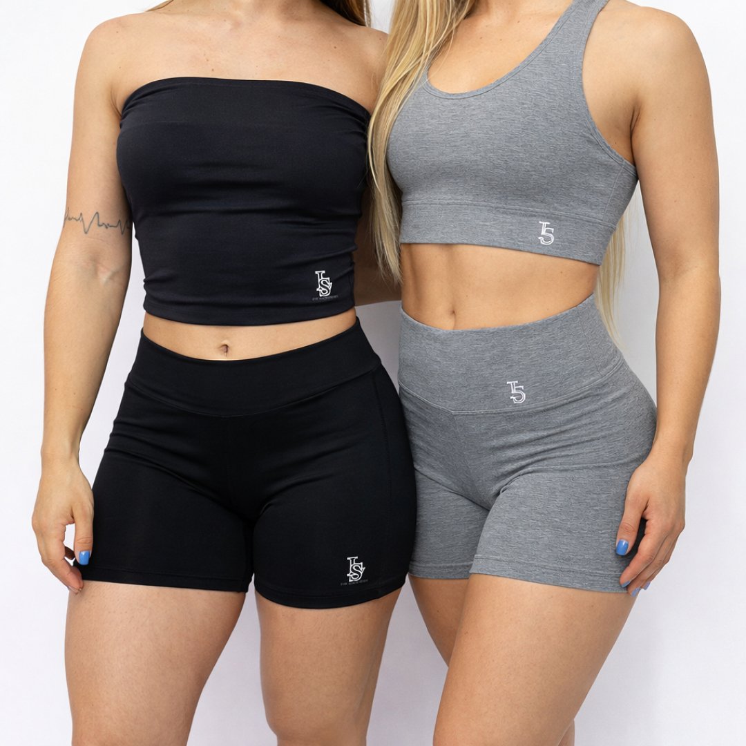 Conjunto Suplex Feminino Top e Short Cintura Alta – Cinza e Preto Treino e Academia