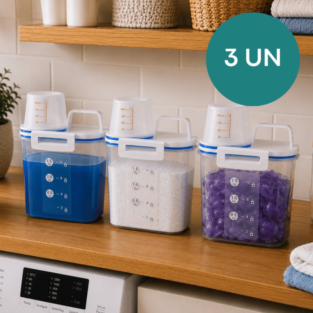 – Kit 3 Pote Hermético 1,5 L C/ Bico Dosador Porta Sabão em Pó/Sabão Líquido/Amaciante Compacto Lavanderia Organizador