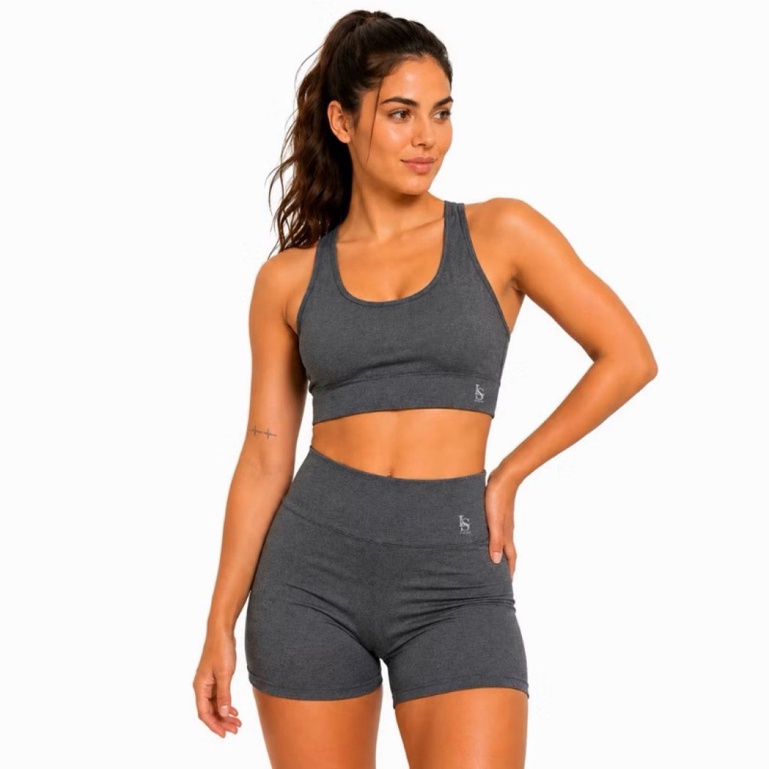 Conjunto Suplex Feminino Top + Shorts de Cintura Alta Cor Cinza Conjunto Suplex Feminino Top + Shorts de Cintura Alta Cor Cinza