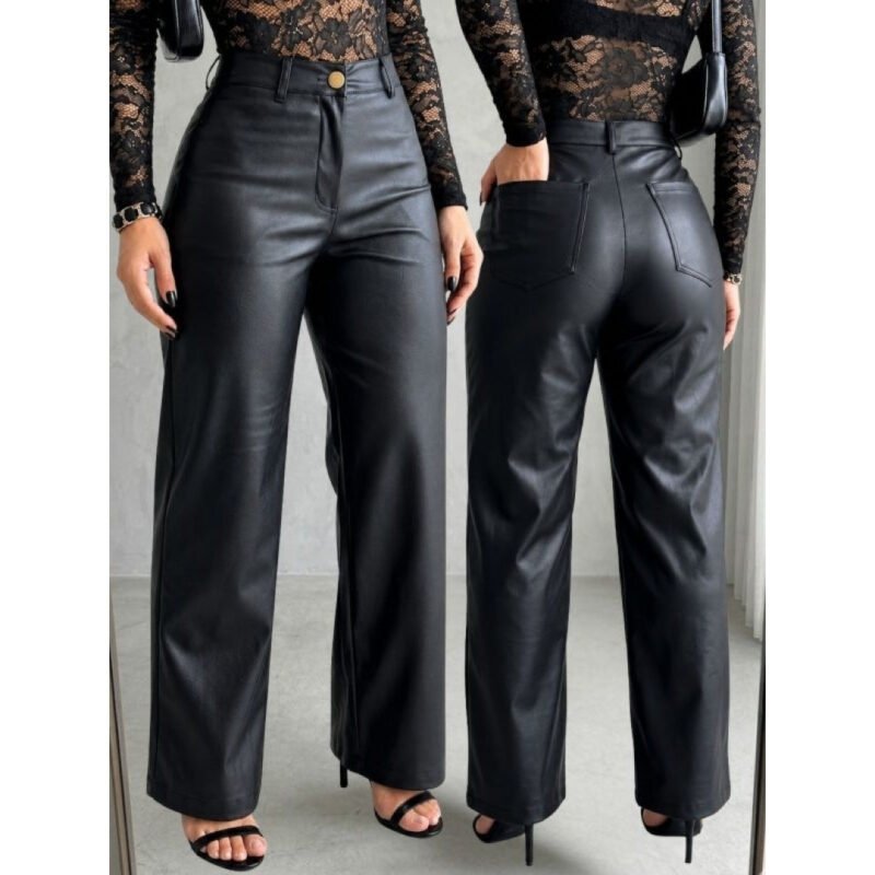 Calça Feminina Cintura Alta Wide Leg Pantalona Bolso Couro Premium Preta Fake