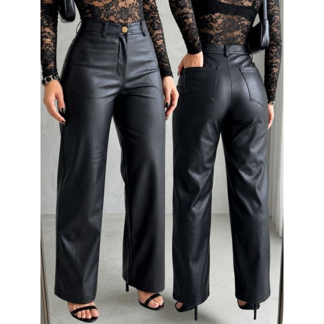 Calça Feminina Cintura Alta Wide Leg Pantalona Bolso Couro Premium Preta Fake