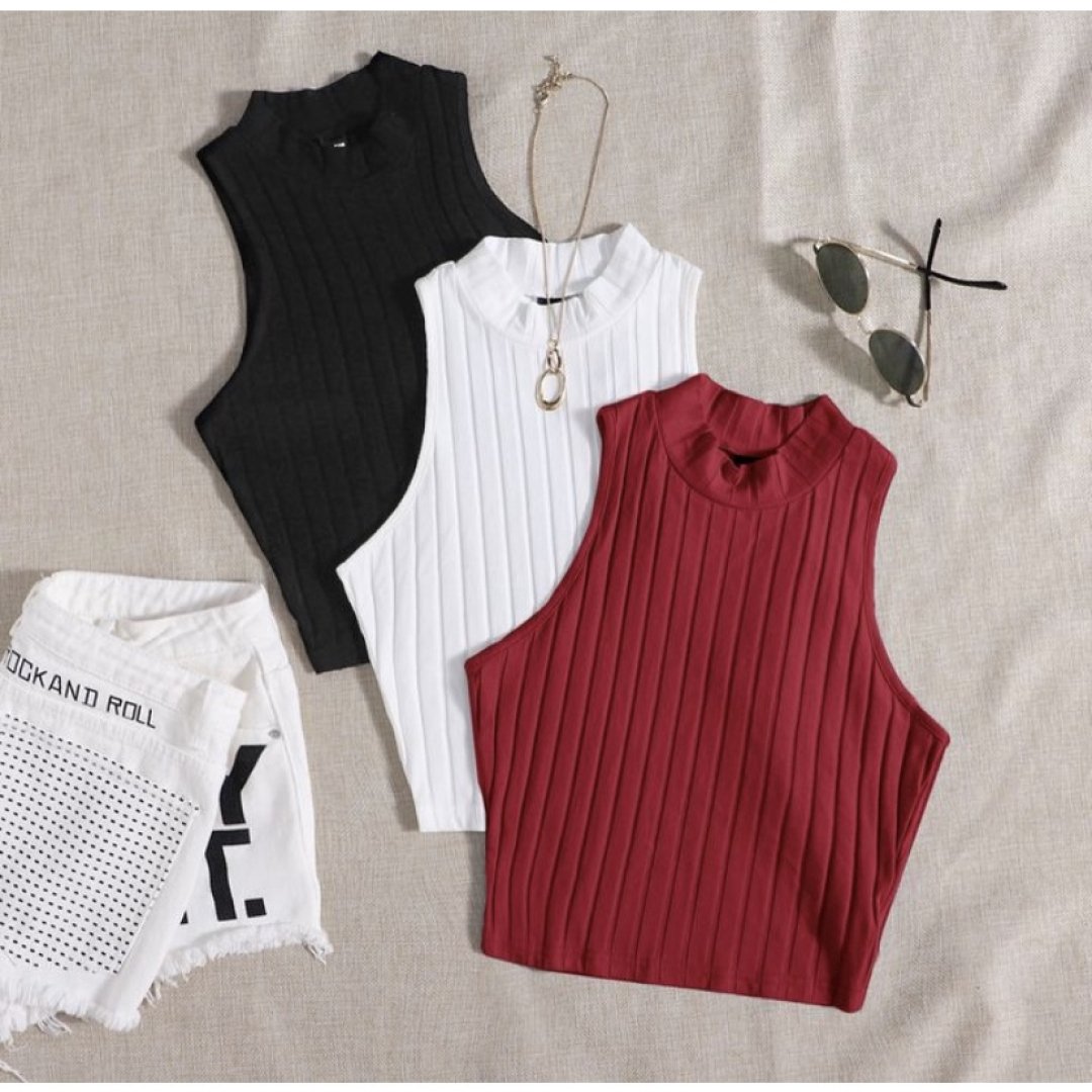 KIT 3 Cropped Gola Alta Canelado Sem Manga Verão Praia