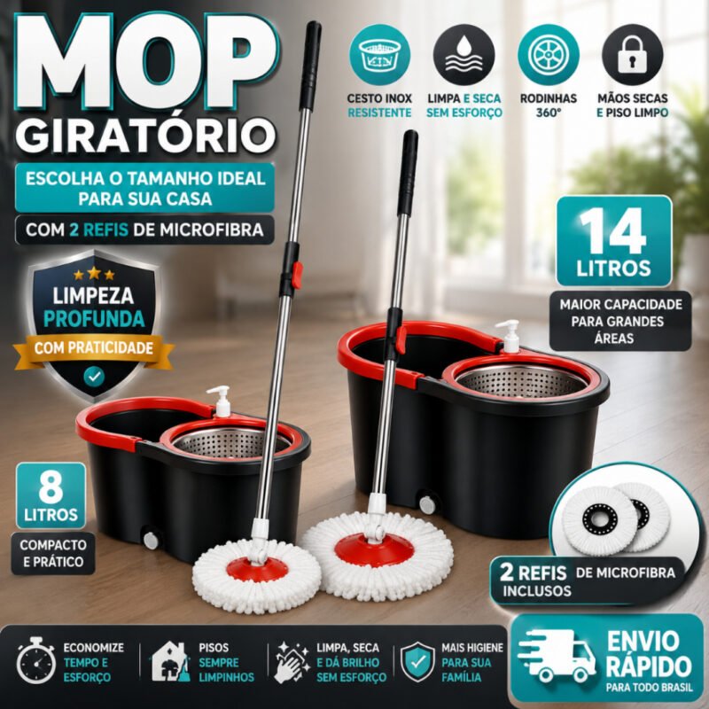 Mop C/ cabo de 140 cm + 2 Refis – Rodinhas e Cesto Em Inox – Balde Centrífuga – CH