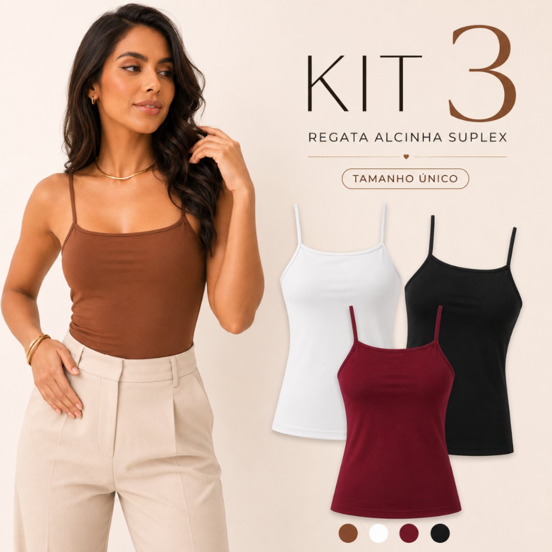 Kit 3 Regatas Femininas Alcinha Suplex Alça Fina Blusinha Básica Lisa Casual Moda Verão