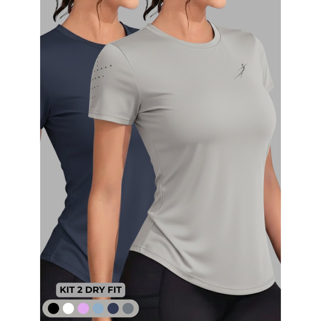 Kit 2 Dry Fit Baby Look Slim Fit Feminina Academia Fitness Esportiva Caminhada Corrida Treino UV+