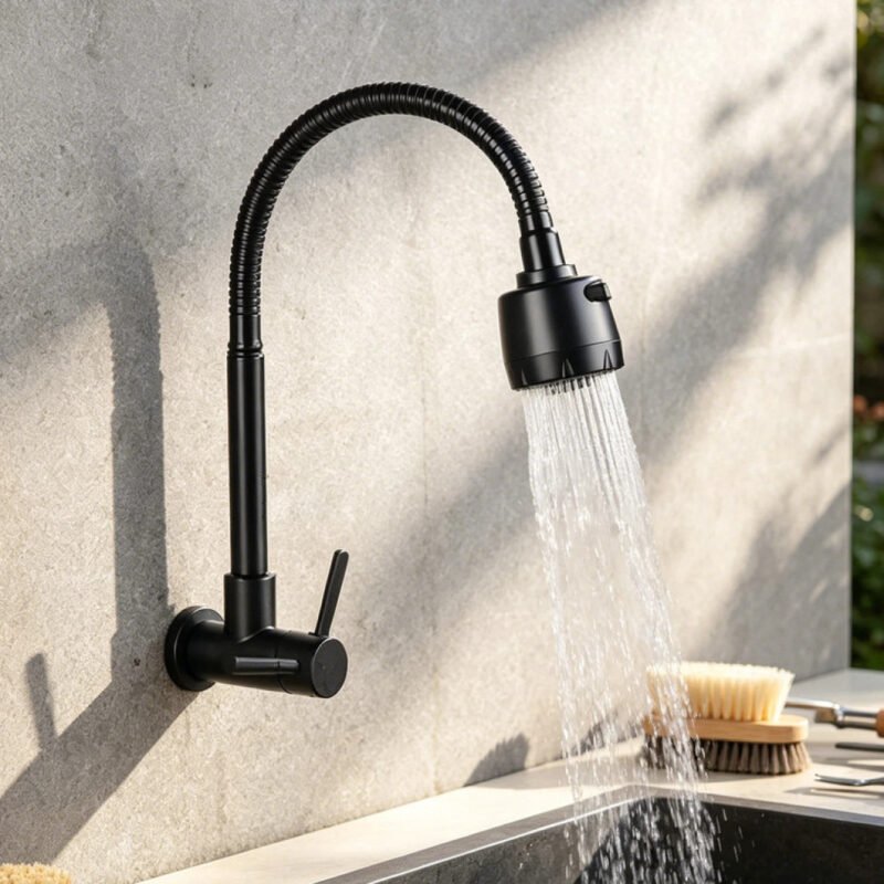 Torneira Inox Prata/Preto Com Chuveiro Com Rotação De 360° Cozinha Luxo Parede Promoção