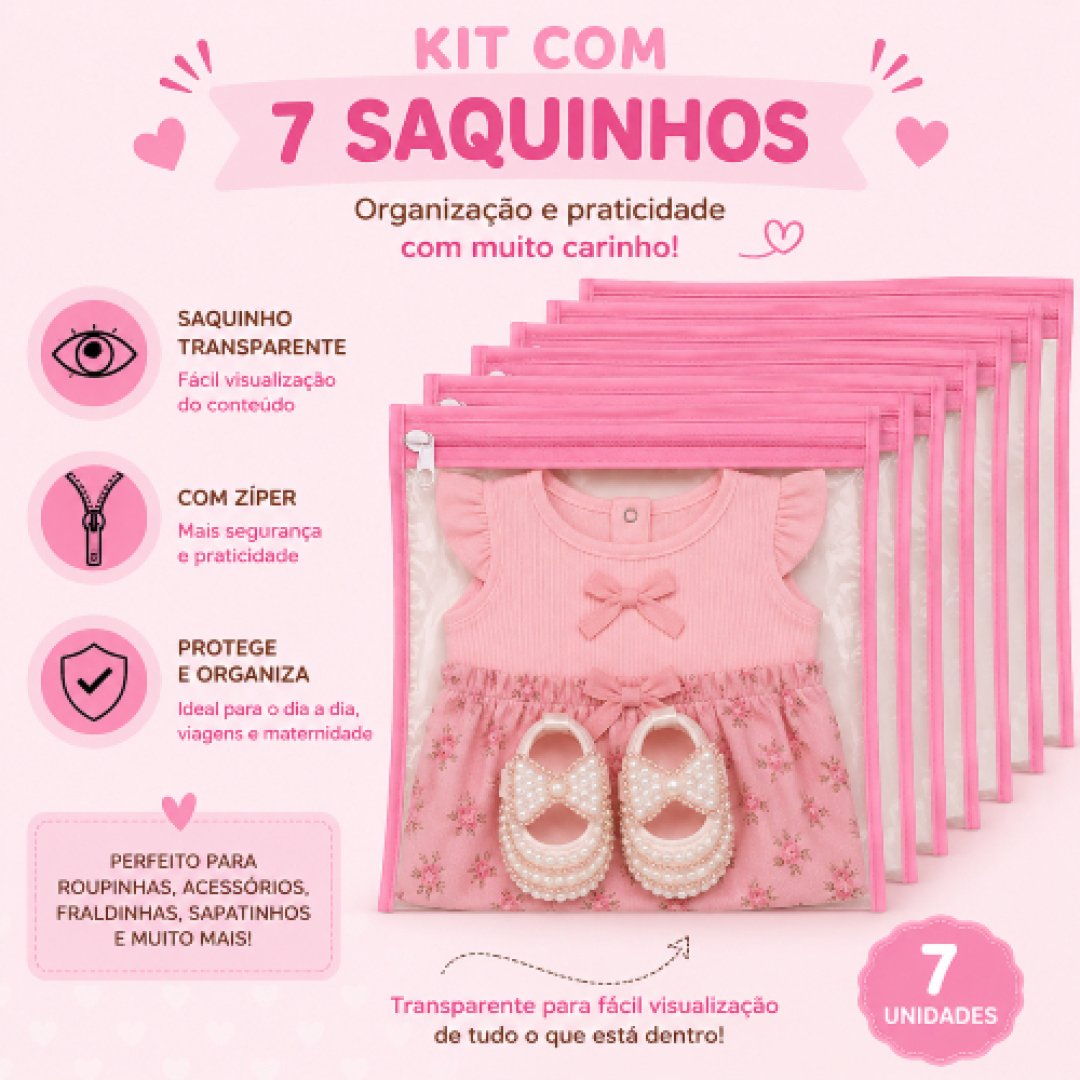 Kit 7 Saquinhos Maternidade Organizador Mala Bebê Mala/Viagem/Roupa Molhada e Seca