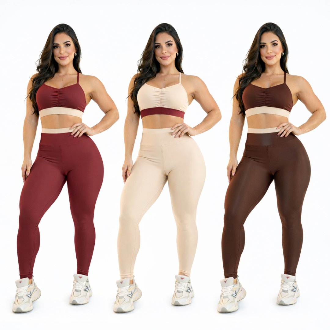 Conjunto Fitness Feminino Academia Bicolor Top e Legging Tecido Conforto Premium