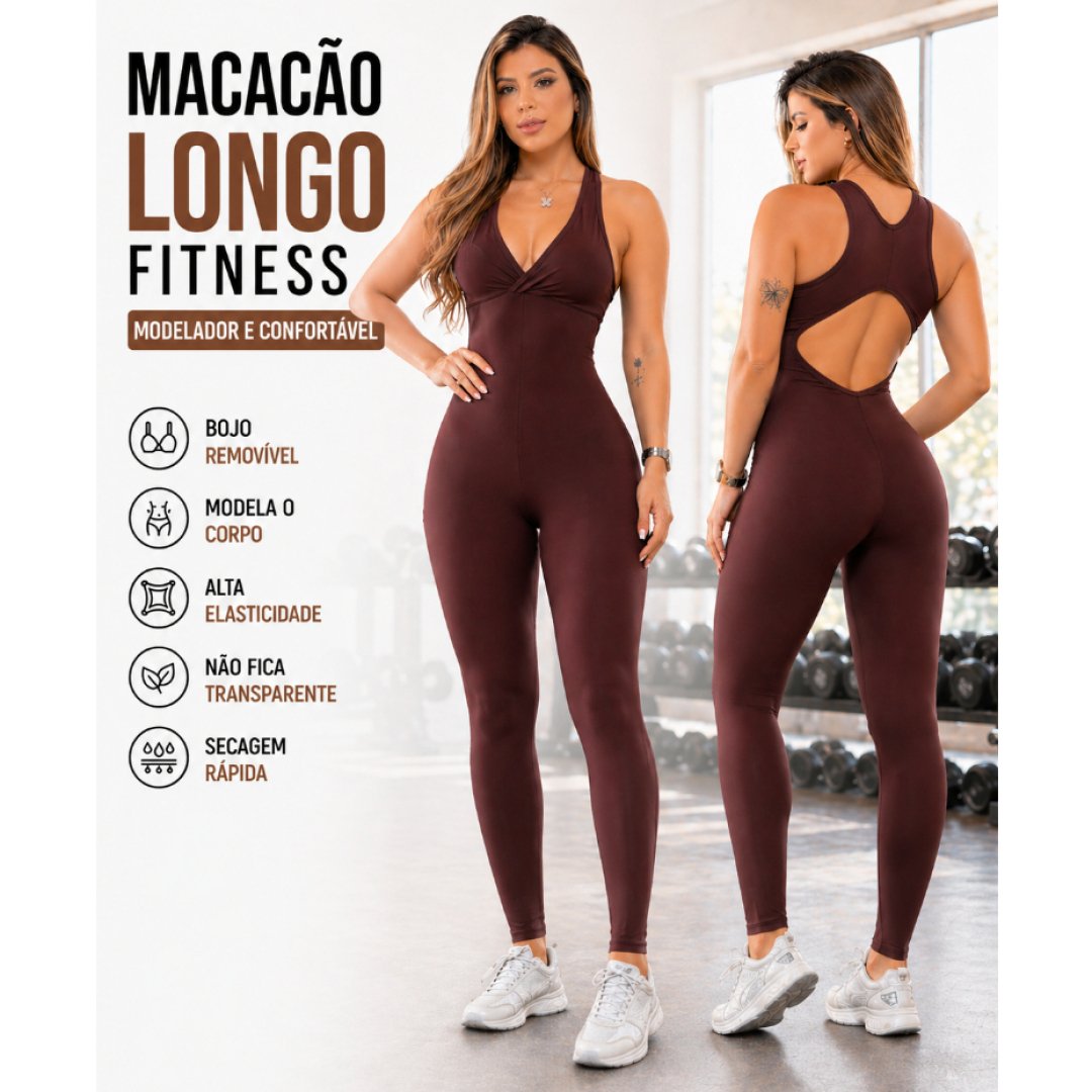 Macacão Fitness Longo Costas Nadador com Bojo removível Roupa de Academia- Moda Fitness